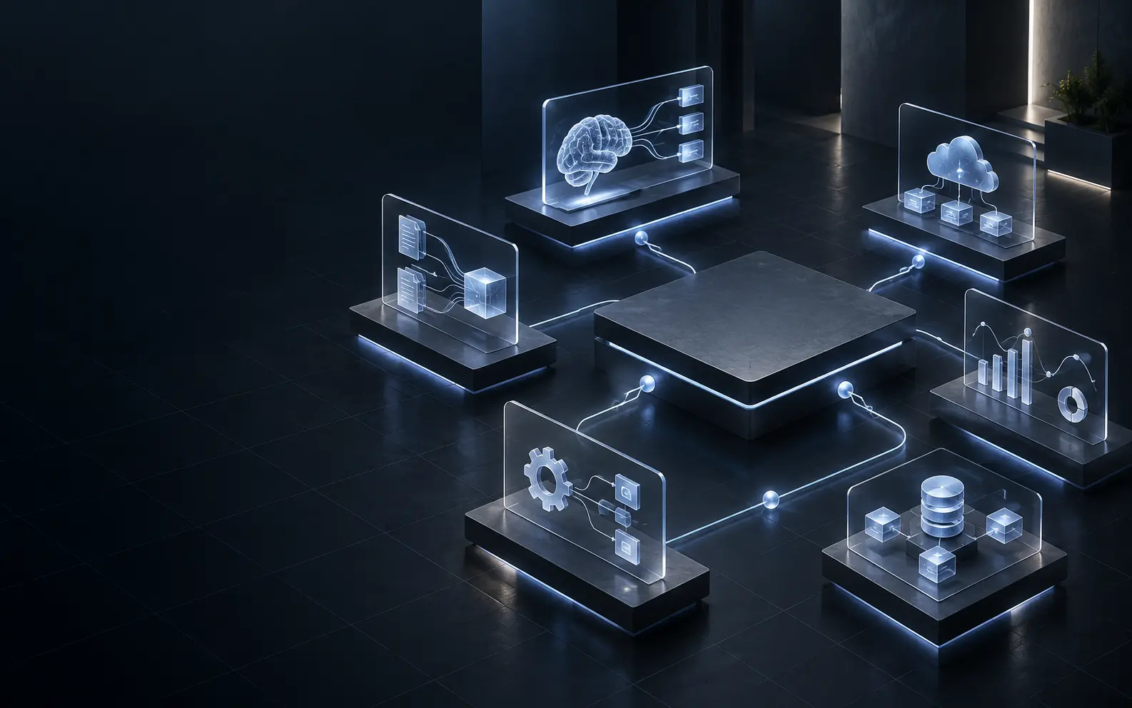 Connected glass panels and blue paths representing an integrated AI platform.