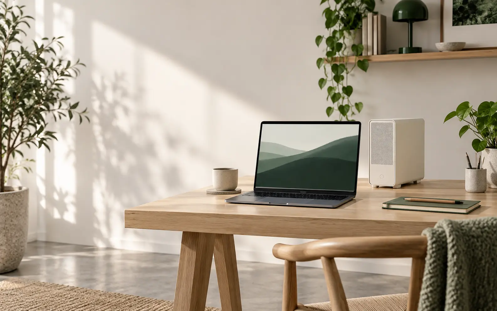 A warm software design workspace with a laptop, compact computer and greenery.